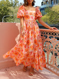 Floral Print Puff-Sleeve Maxi Dress with Back Smocked Pocket