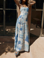 Lace Patchwork Printed Halter Maxi Dresses with Back Tie and Flared Silhouette