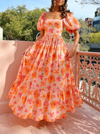 Floral Print Puff-Sleeve Maxi Dress with Back Smocked Pocket