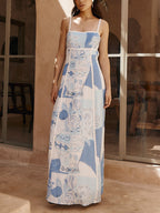 Lace Patchwork Printed Halter Maxi Dresses with Back Tie and Flared Silhouette