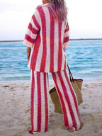 Chic Relaxed-Fit V-Neck Hollow-Out Striped Shirt and Wide-Leg Pants Set