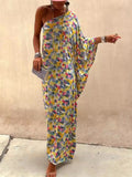 Casual Holiday Off-Shoulder Maxi Dress with Ink-Dye Print