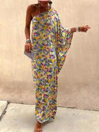 Casual Holiday Off-Shoulder Maxi Dress with Ink-Dye Print