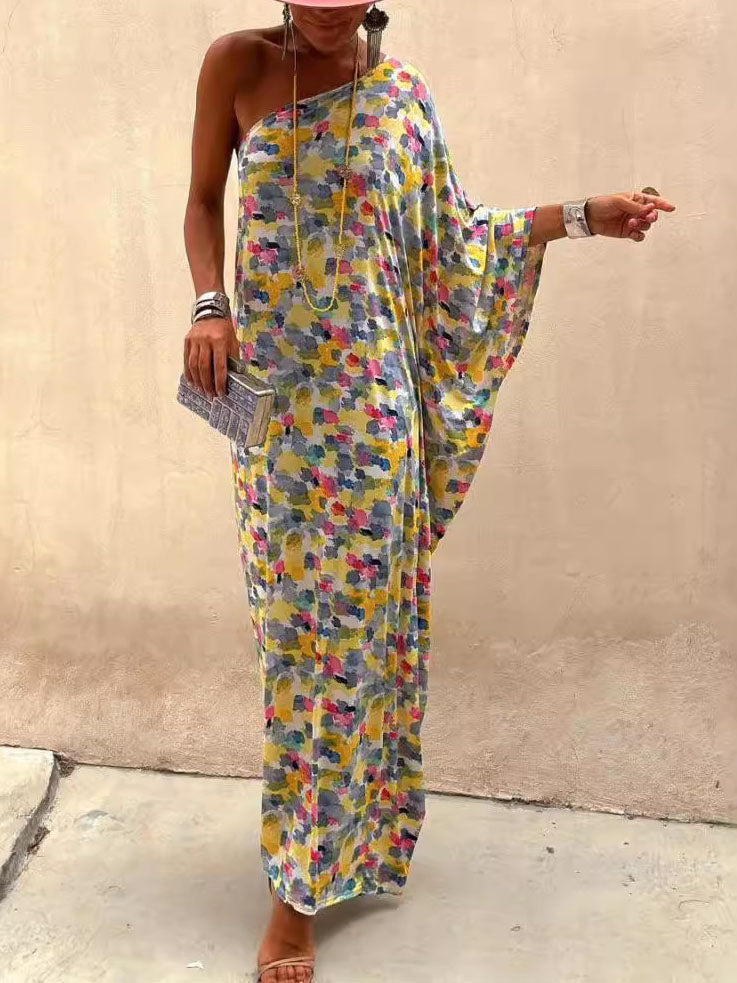 Casual Holiday Off-Shoulder Maxi Dress with Ink-Dye Print
