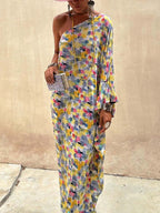 Casual Holiday Off-Shoulder Maxi Dress with Ink-Dye Print