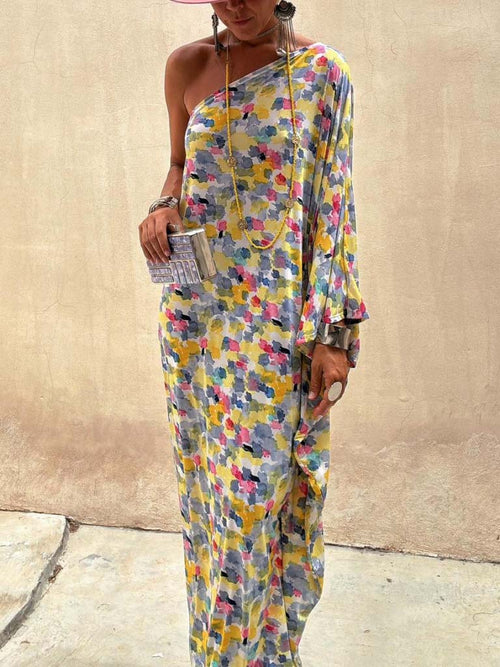 Casual Holiday Off-Shoulder Maxi Dress with Ink-Dye Print
