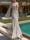Vacation-Style Hollow-Knit Dress with a Flirty Side Slit