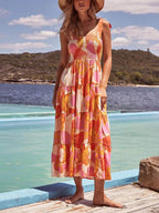 Sleeveless Sea Charm Pleated Cami Dress with Stretchy Chest Print