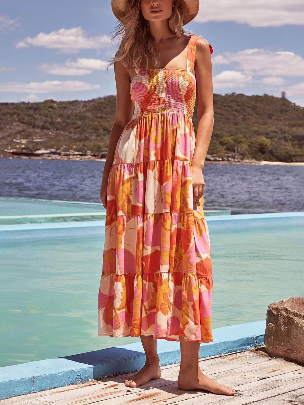 Sleeveless Sea Charm Pleated Cami Dress with Stretchy Chest Print