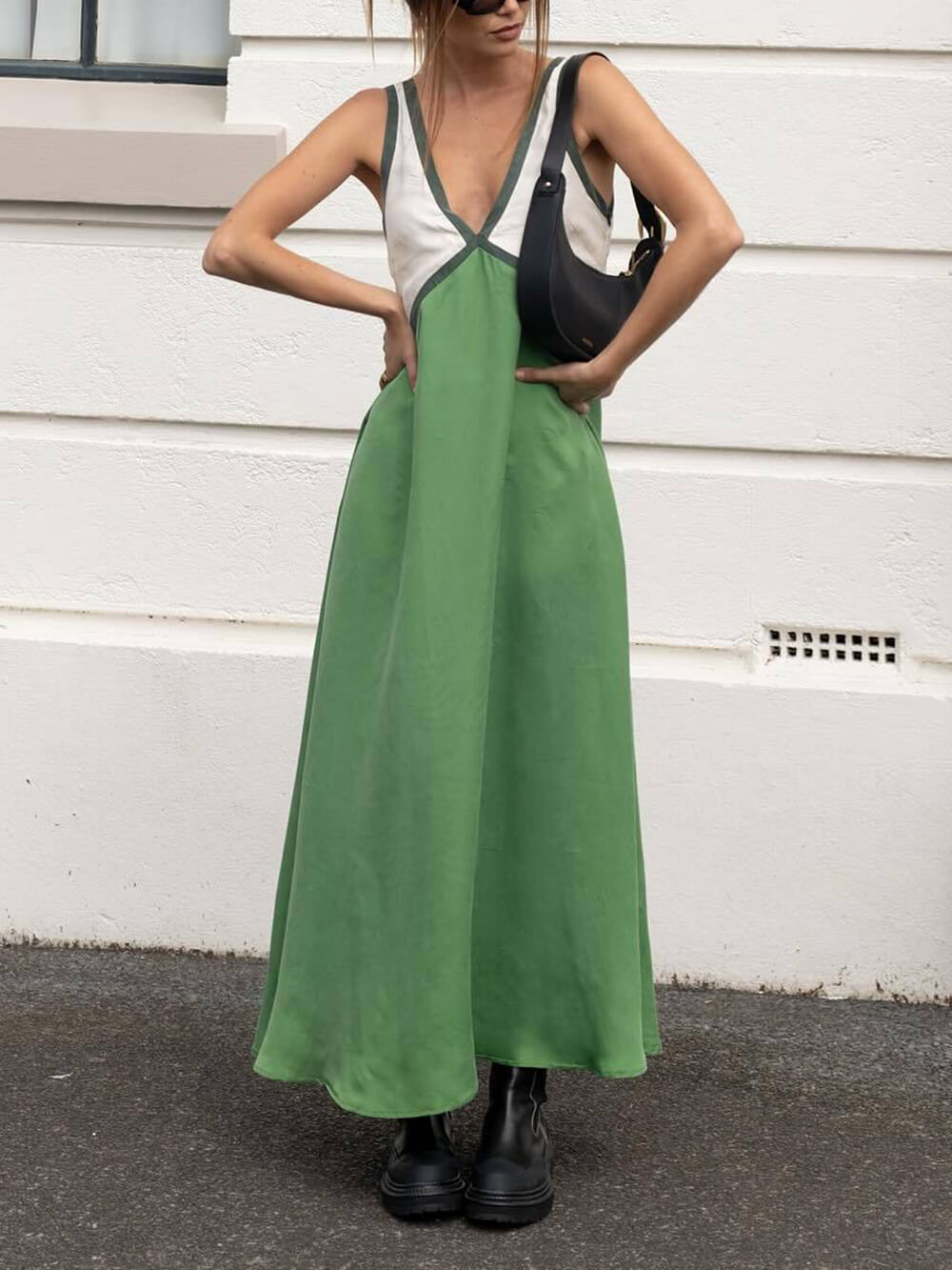 V-Neck Color-Block Chic Dress with Contrasting Panels