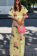 Jasmine Linen-Blend Floral Polka Dot Shirt-Style Maxi Dress with Wide Sleeves