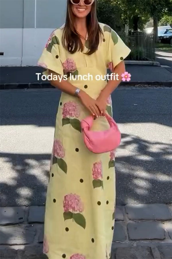 Jasmine Linen-Blend Floral Polka Dot Shirt-Style Maxi Dress with Wide Sleeves