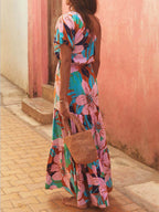 Off-Shoulder Palm Leaf Print Floral Dress – Holiday-Ready Summer Style