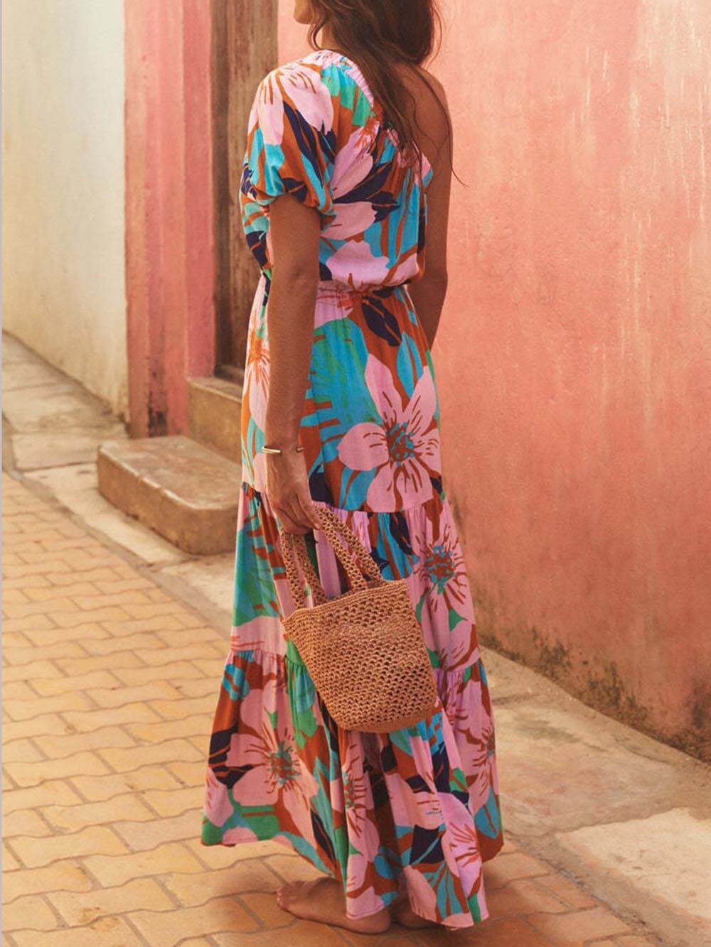 Off-Shoulder Palm Leaf Print Floral Dress – Holiday-Ready Summer Style