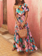 Off-Shoulder Palm Leaf Print Floral Dress – Holiday-Ready Summer Style