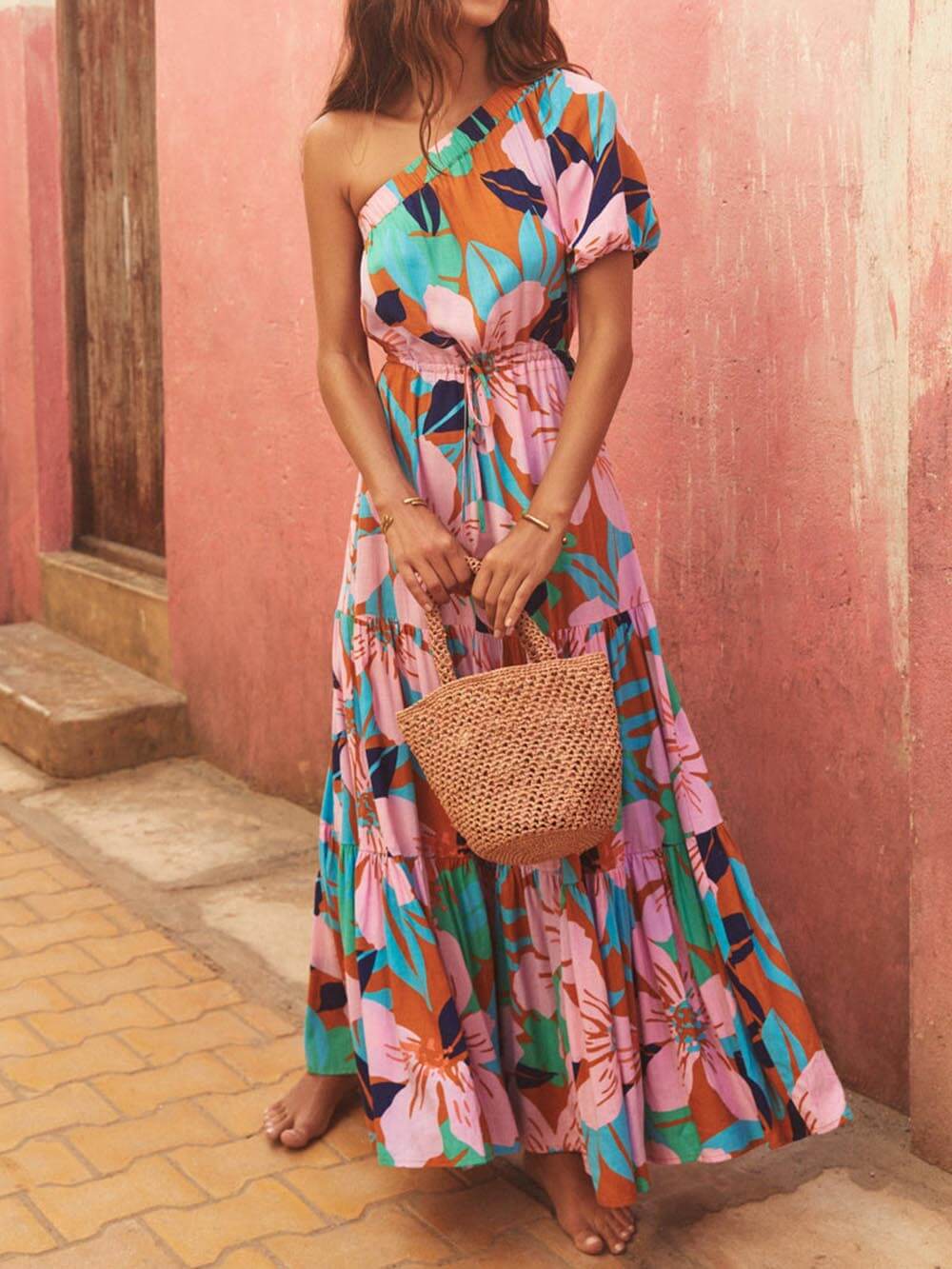 Off-Shoulder Palm Leaf Print Floral Dress – Holiday-Ready Summer Style