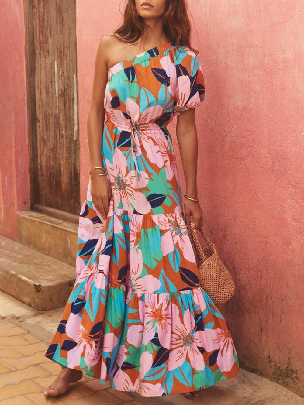 Off-Shoulder Palm Leaf Print Floral Dress – Holiday-Ready Summer Style