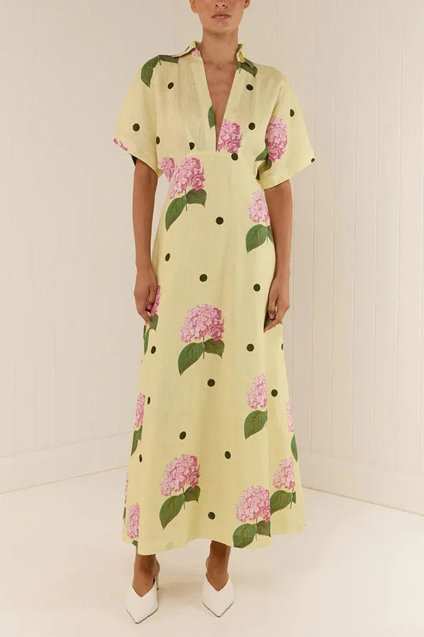 Jasmine Linen-Blend Floral Polka Dot Shirt-Style Maxi Dress with Wide Sleeves