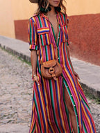 Effortless Casual Striped Print Shirt Maxi Skirt – All-Day Style