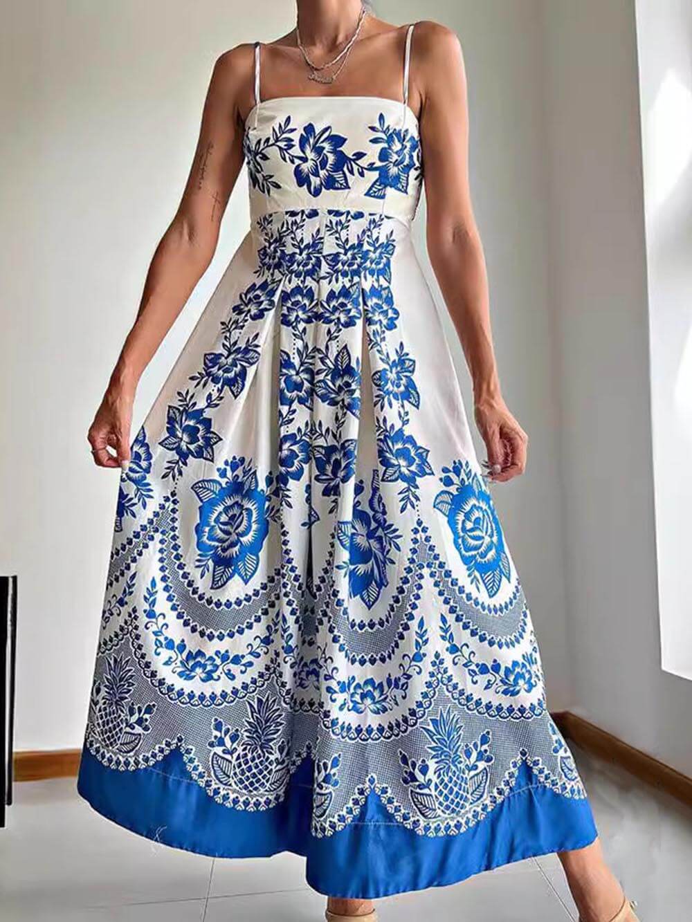 Bohemian Floral Print Smocked-Back Midi Dress - Loose Fit