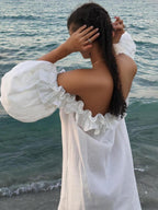 Off-Shoulder Ruffle Midi Dress with Puff Sleeves and Pockets