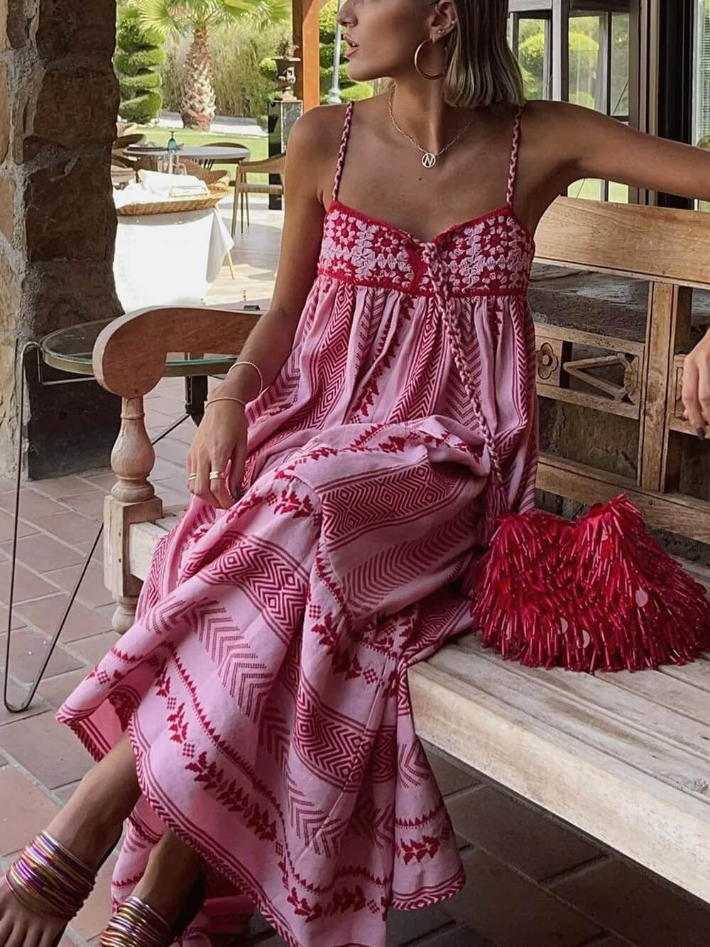 Boho Crochet Patchwork Maxi Dress - Ethnic-Style Knitted Slip Dress