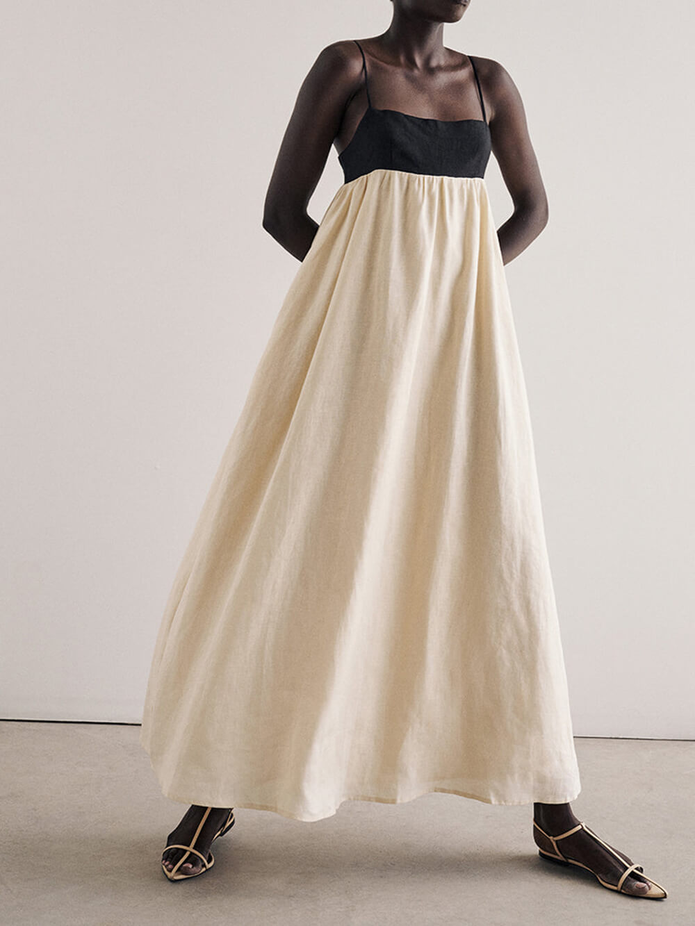 Black and White Patchwork Maxi Dress with Suspender Straps - Loose, Flowy Fit