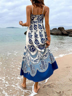 Bohemian Floral Print Smocked-Back Midi Dress - Loose Fit