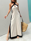 Halter-Neck Color-Block Maxi Dress with Side Slit
