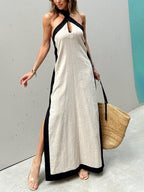 Halter-Neck Color-Block Maxi Dress with Side Slit
