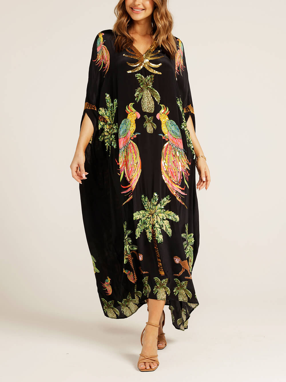 Unique Drop-Shoulder Dress with Tropical Coconut Tree Print