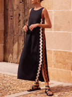 Striped Wave-Embellished Loose Dress with Side Slit