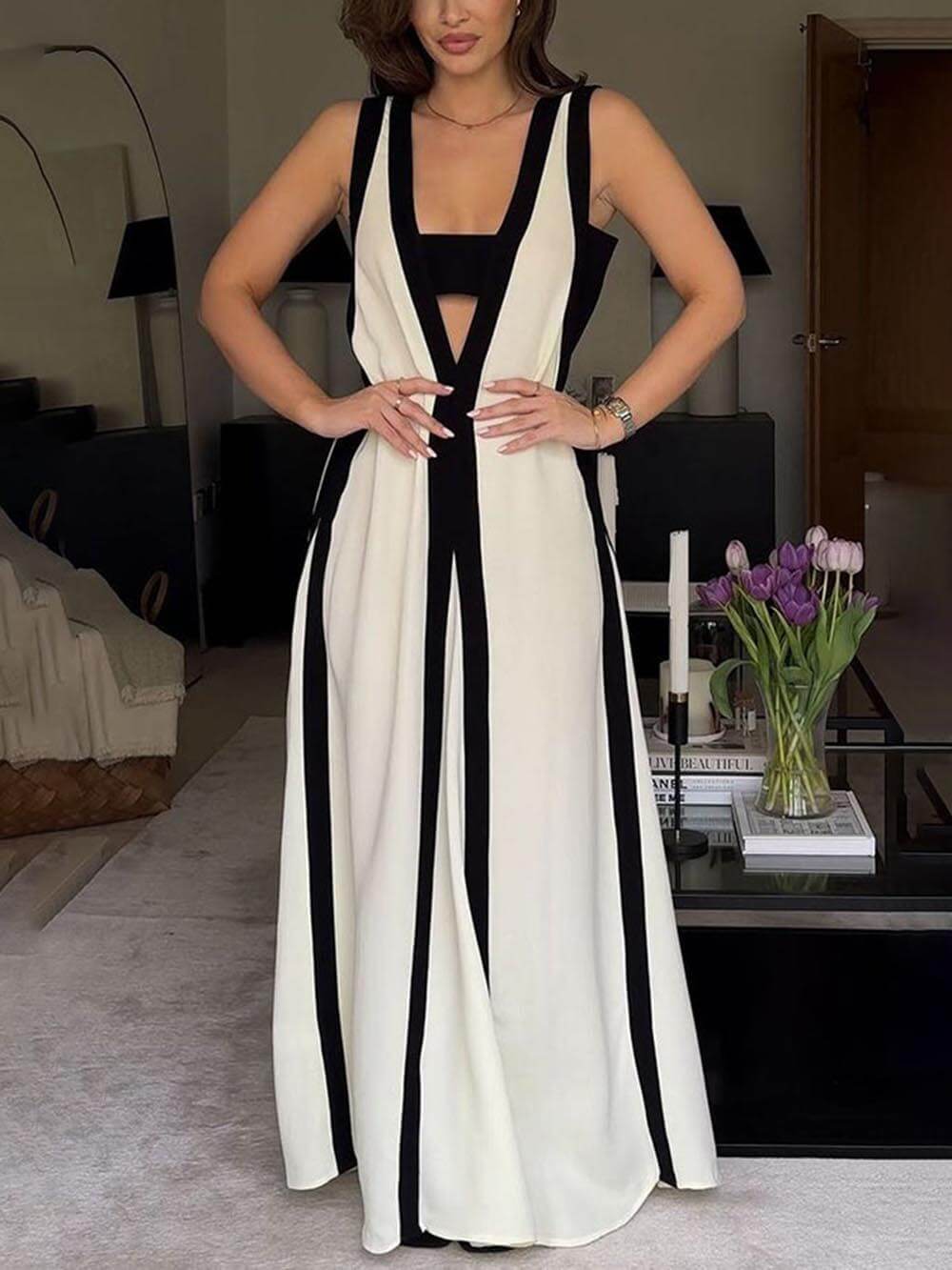 Colorblock Reversible A-Line Maxi Dress with Dual-Tone Design