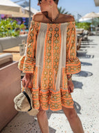 Boho Ethnic-Print Linen-Blend Off-Shoulder Mini Dress - Relaxed, Flowy Fit