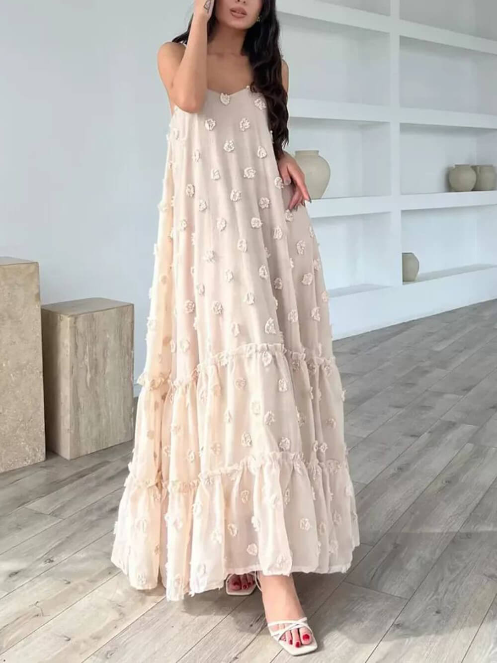 Floral Decor A-Line Layered Maxi Dress with Loose Fit