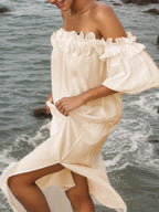 Off-Shoulder Ruffle Midi Dress with Puff Sleeves and Pockets
