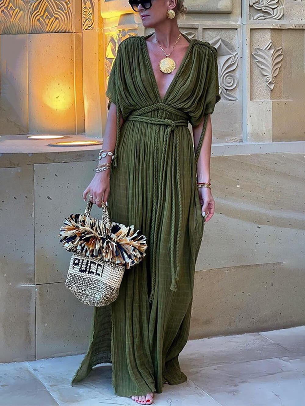 Kimono-Draped Maxi Dress with Braided Details and Slit - Beach Cover-Up
