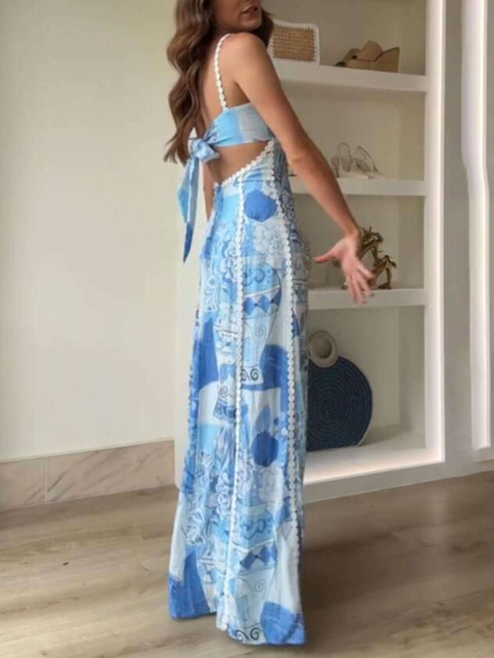 Lace Patchwork Printed Halter Maxi Dresses with Back Tie and Flared Silhouette