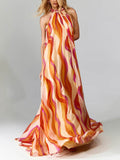Elegant Braided Halterneck Maxi Dress with Wave Print