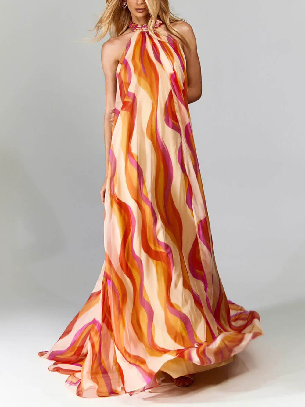 Elegant Braided Halterneck Maxi Dress with Wave Print