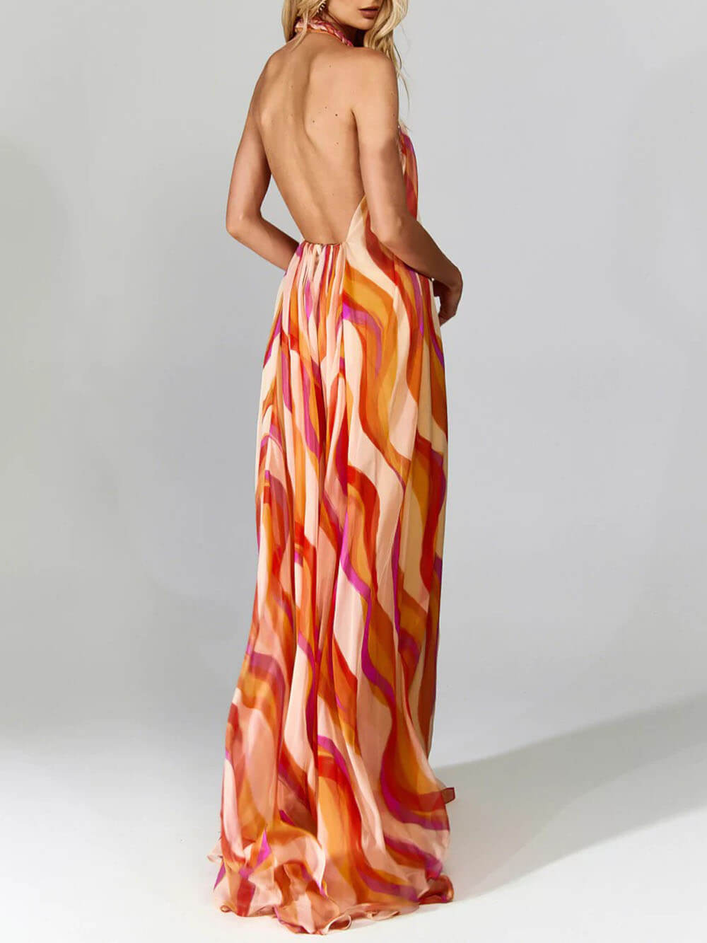 Elegant Braided Halterneck Maxi Dress with Wave Print