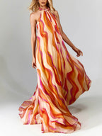 Elegant Braided Halterneck Maxi Dress with Wave Print