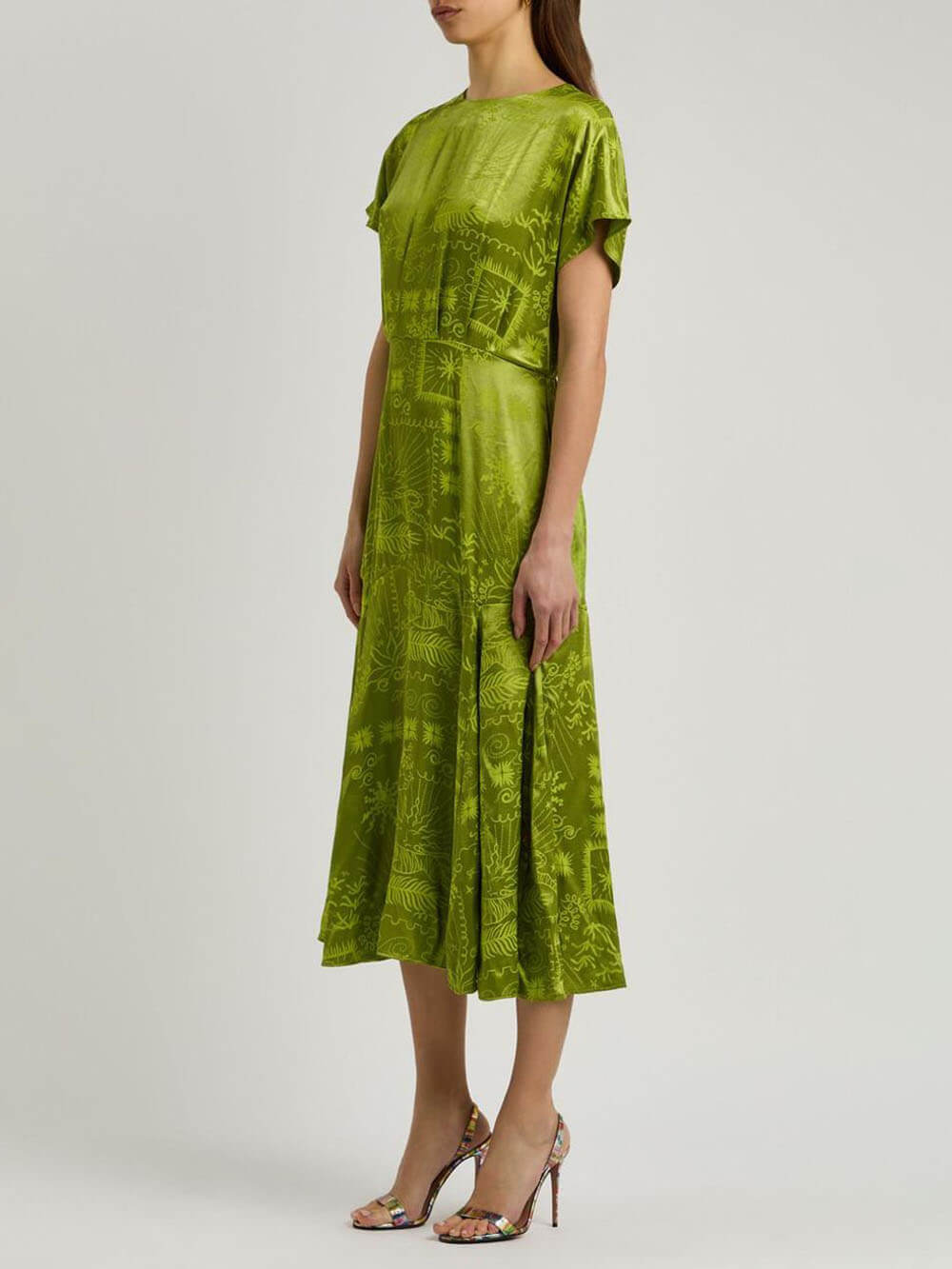 Luxurious Satin Midi Dress with a Unique Jacquard Print