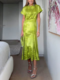 Luxurious Satin Midi Dress with a Unique Jacquard Print