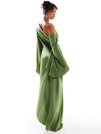 Elegant Green Satin Maxi Dress with an Asymmetric Hem