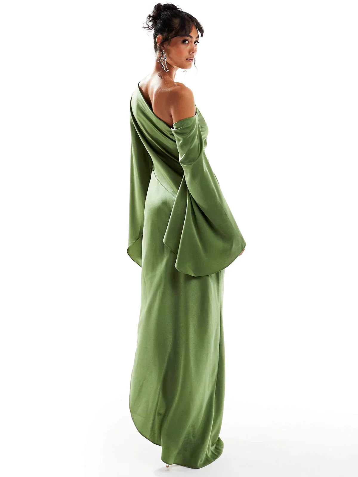 Elegant Green Satin Maxi Dress with an Asymmetric Hem