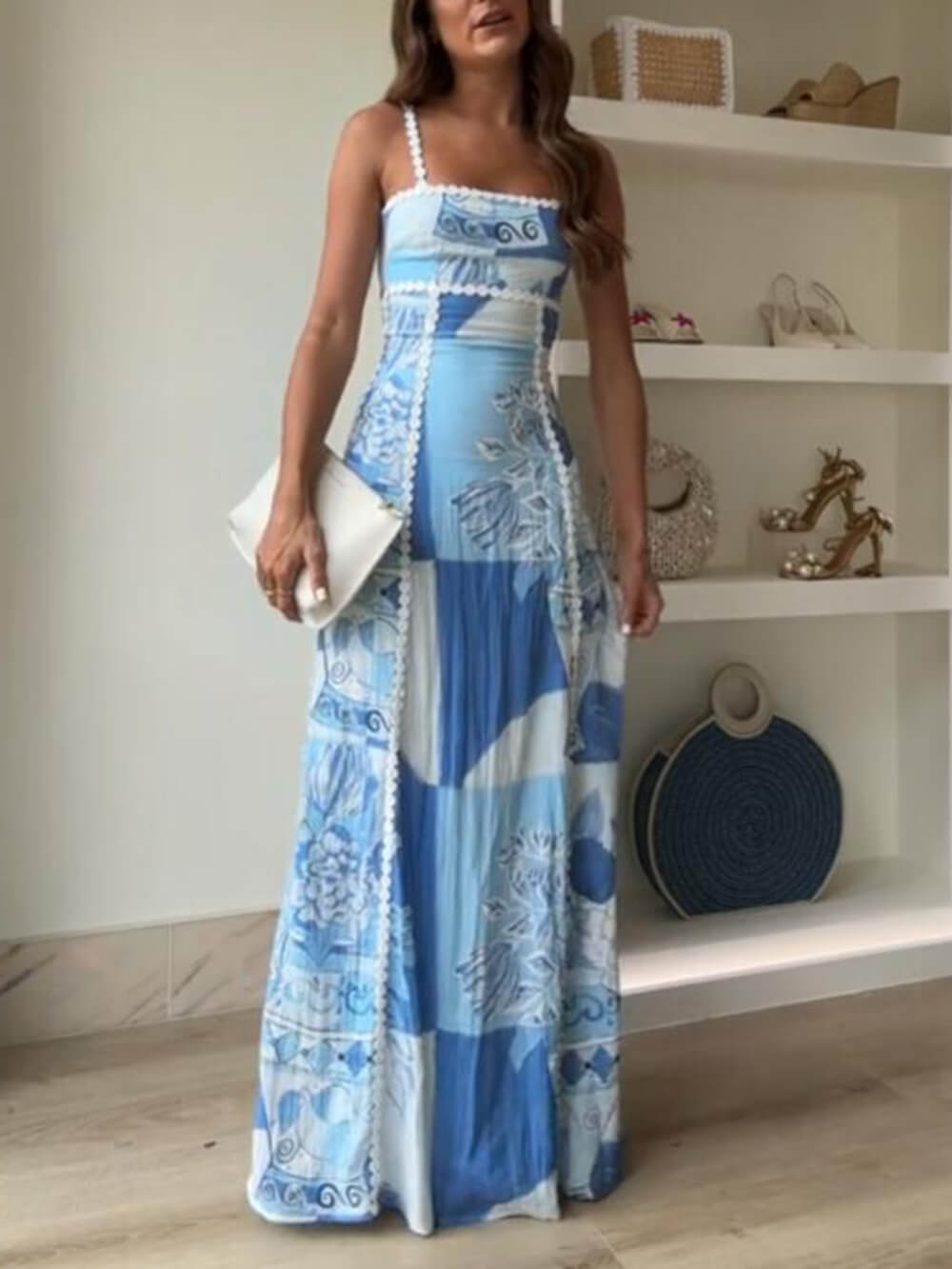 Lace Patchwork Printed Halter Maxi Dresses with Back Tie and Flared Silhouette