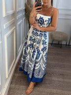 Bohemian Floral Print Smocked-Back Midi Dress - Loose Fit