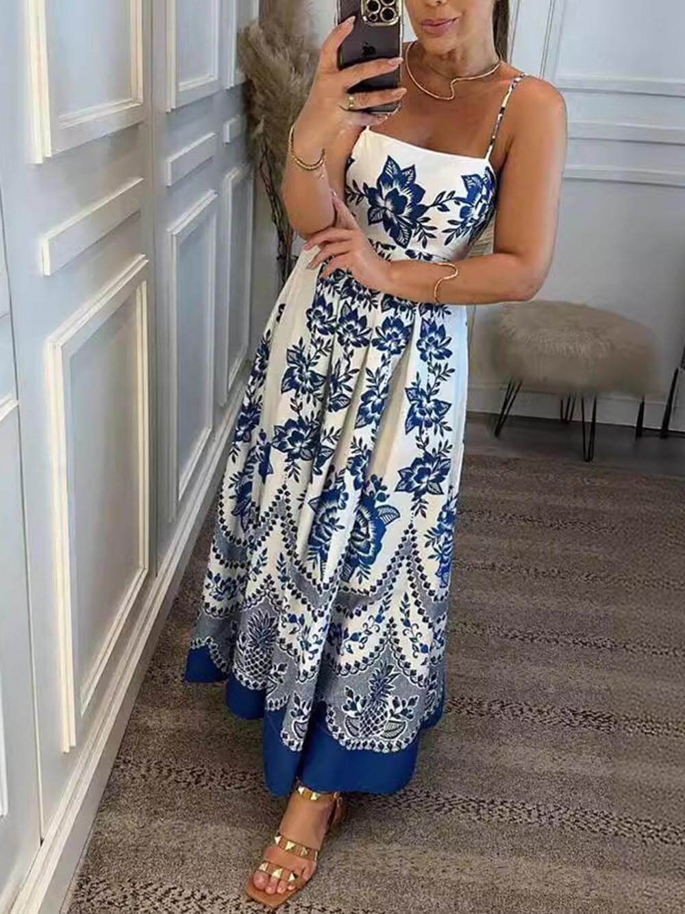 Bohemian Floral Print Smocked-Back Midi Dress - Loose Fit