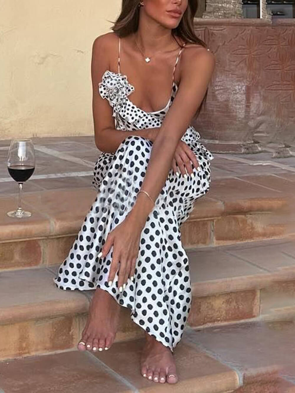 Enchanting Polka Dot Guipure Maxi Dress with Ruffled Suspender Straps